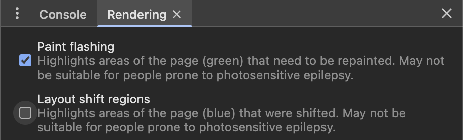 Chrome Devtools, Rendering Tab, Paint Flashing enabled
